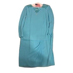 Vintage Ursula of Switzerland Elegant Blue Women's Dress Sz 14 Beaded Tear Drop